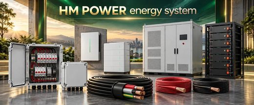 HM POWER GROUP energy system: combiner boxes, cables, inverter, battery and storage cabinets