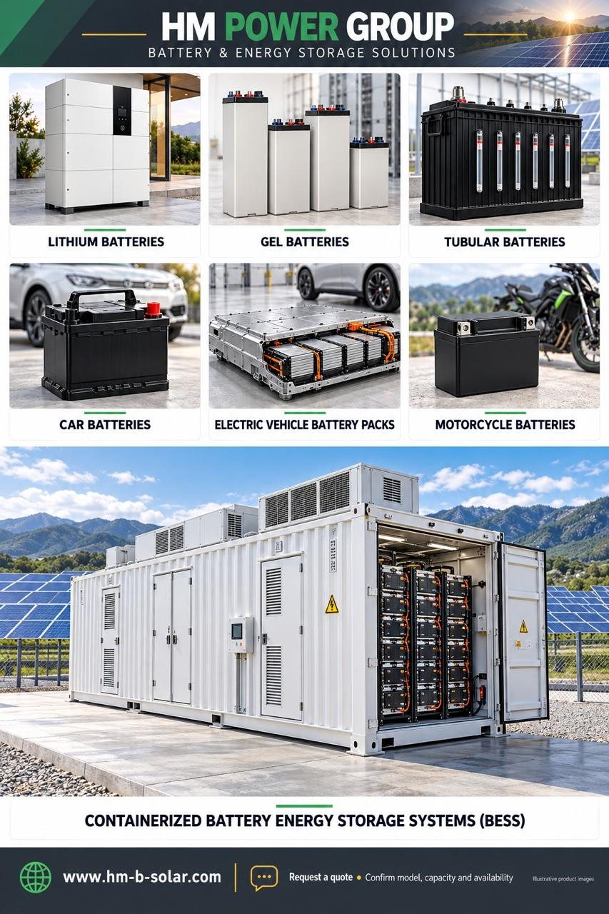 HM POWER GROUP battery and energy storage solutions: lithium, gel, tubular, car, EV and motorcycle batteries and containerised storage