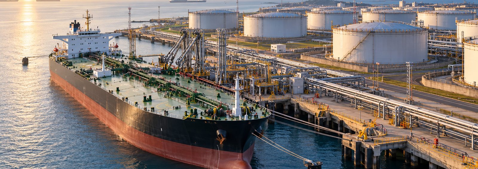 Oil tanker alongside a crude oil terminal with storage tanks (AI-generated illustration)