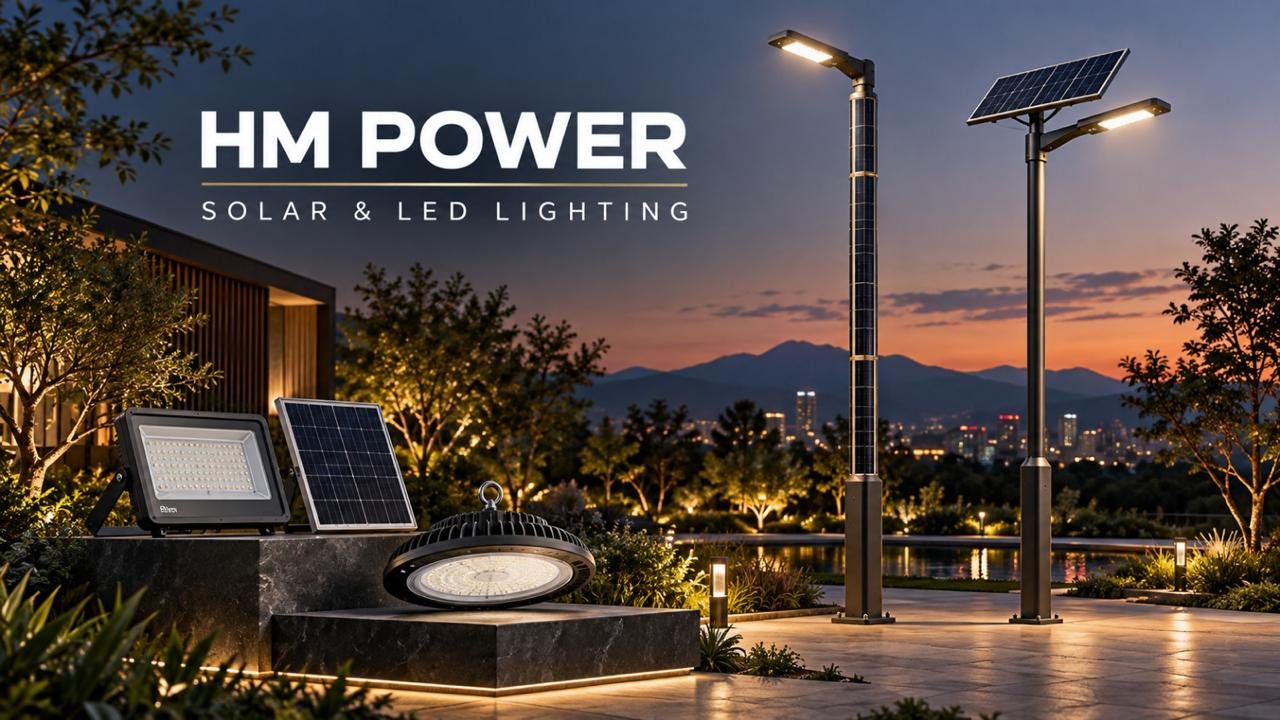 HM POWER solar and LED lighting: solar poles, flood light and high-bay light