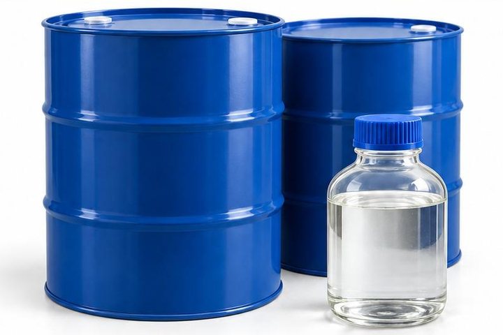 Blue drums and a sample bottle of completion fluid