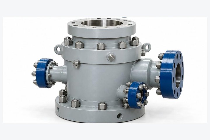 Wellhead spool with blue flanged outlets