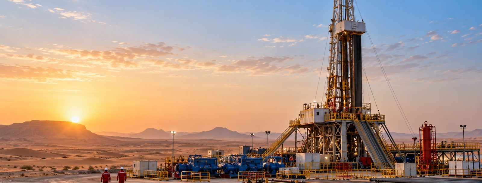 Land drilling rig at sunrise with pumps and tanks (AI-generated illustration)